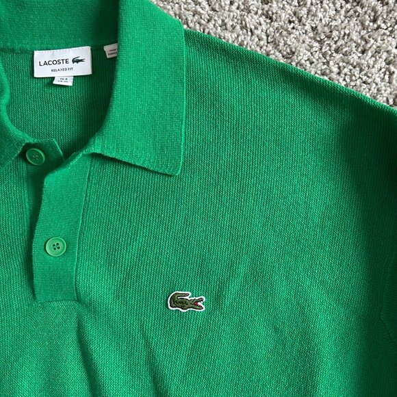 Lacoste Mens XL Relaxed Fit Green Wool Polo Casual Sweater Buttoned Collar - Picture 2 of 9